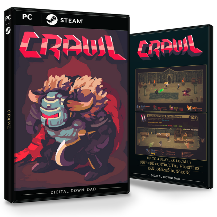 Forside og bakside av Crawl Steam, med to skjermbilder fra spillet.