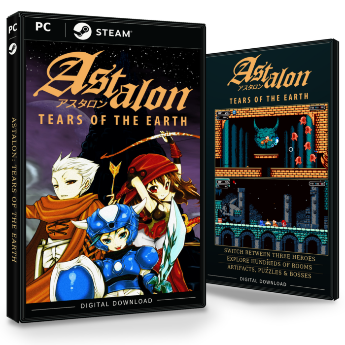 Forside og bakside for Astalon: Tears of the Earth Steam, med to skjermbilder fra spillet.