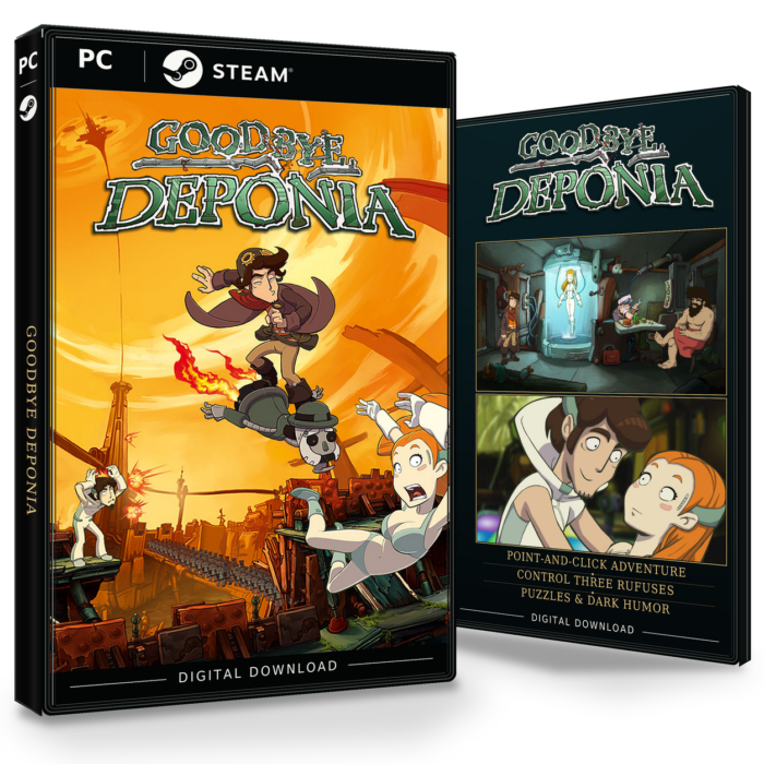 Forside og bakside av Goodbye Deponia Steam, med to skjermbilder fra spillet.
