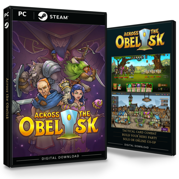 Forside og bakside for Across the Obelisk til Steam, med to skjermbilder fra spillet.