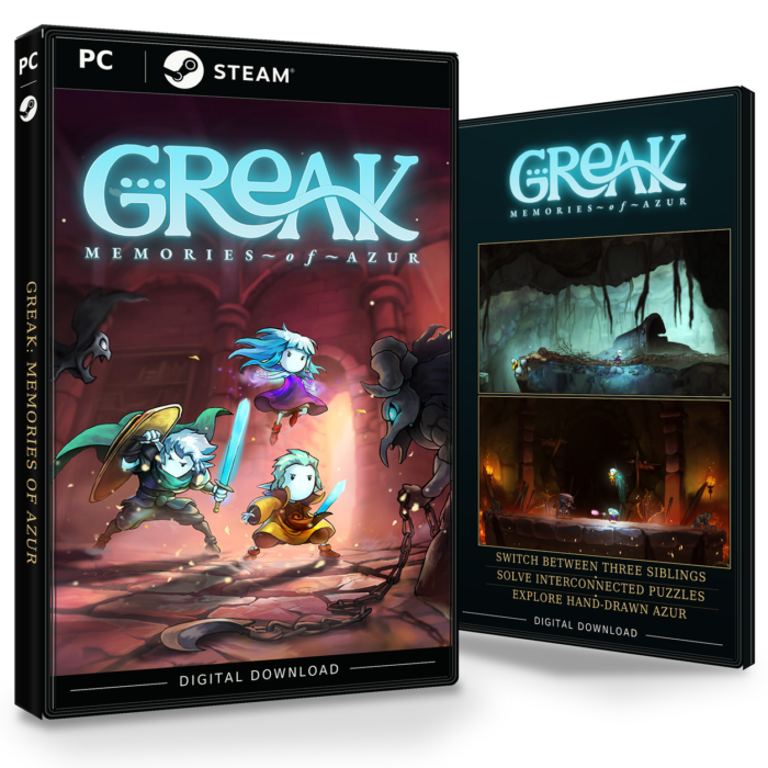 Forside og bakside for Greak: Memories of Azur til Steam, med to skjermbilder fra spillet.
