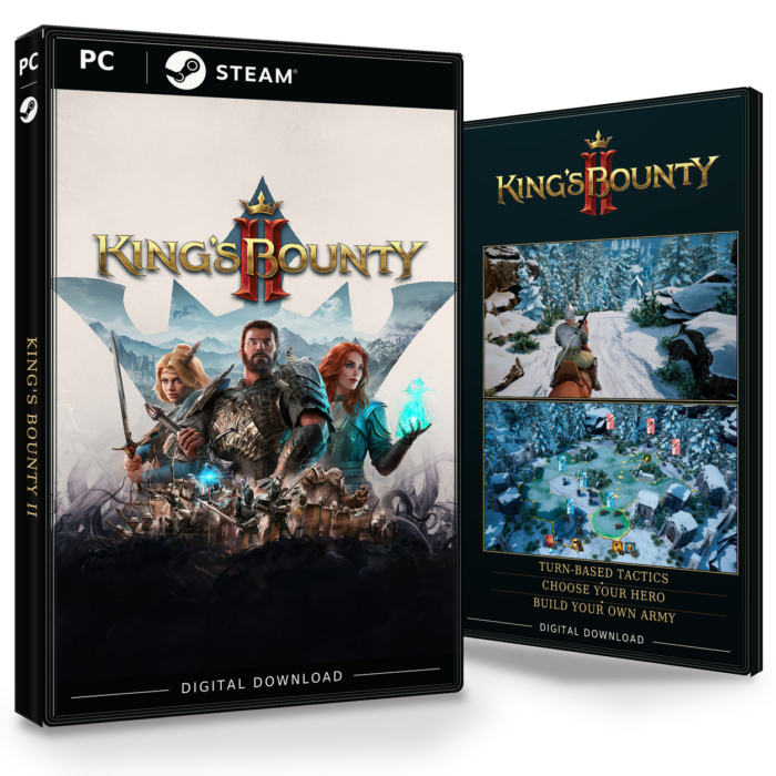 Forside og bakside for King's Bounty II til Steam, med to skjermbilder fra spillet.