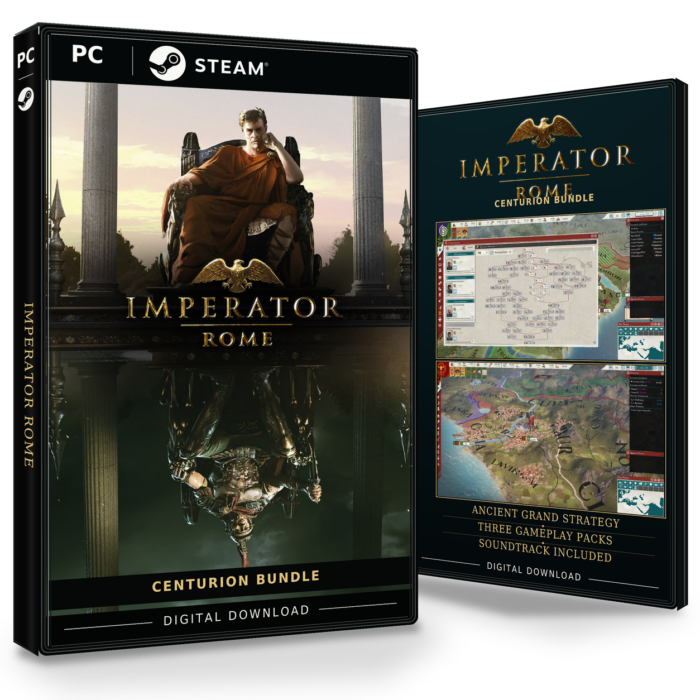 Forside og bakside for Imperator: Rome Centurion Bundle til Steam, med to skjermbilder fra spillet.