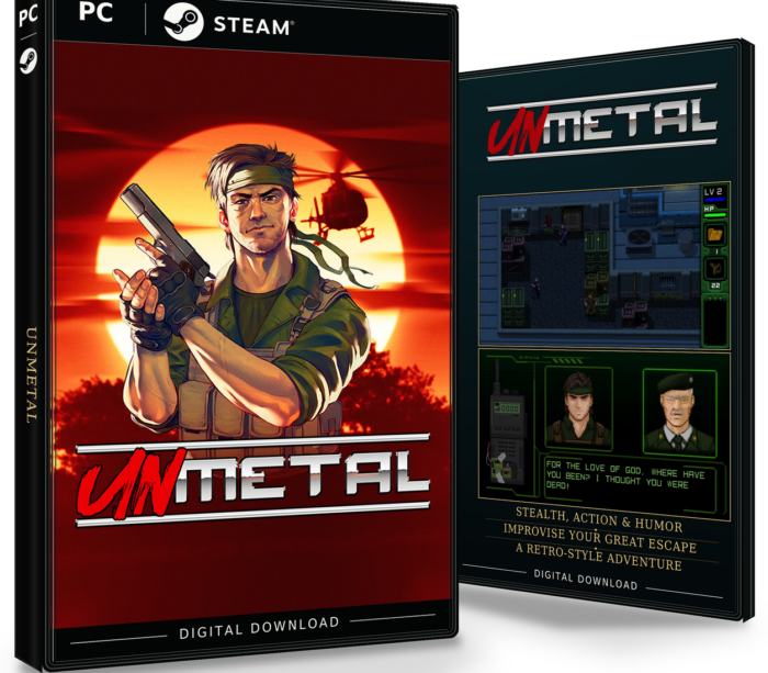 Forside og bakside for UnMetal til Steam, med to skjermbilder fra spillet.