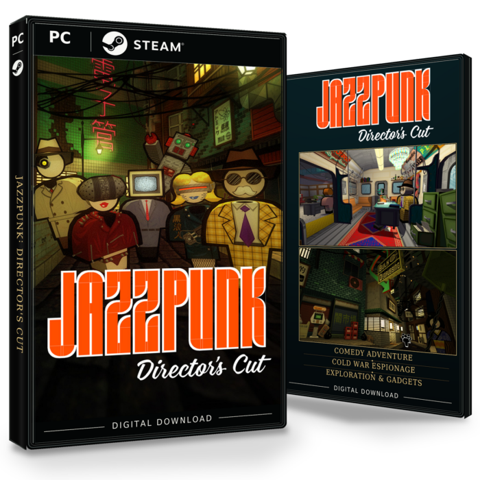 Forside og bakside av Jazzpunk: Director's Cut Steam, med to skjermbilder fra spillet.