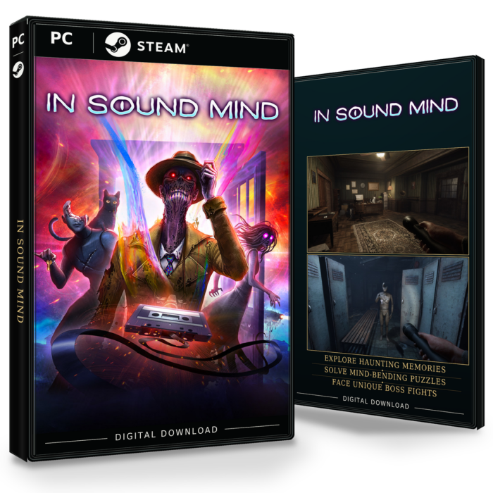Forside og bakside for In Sound Mind til Steam, med to skjermbilder fra spillet.