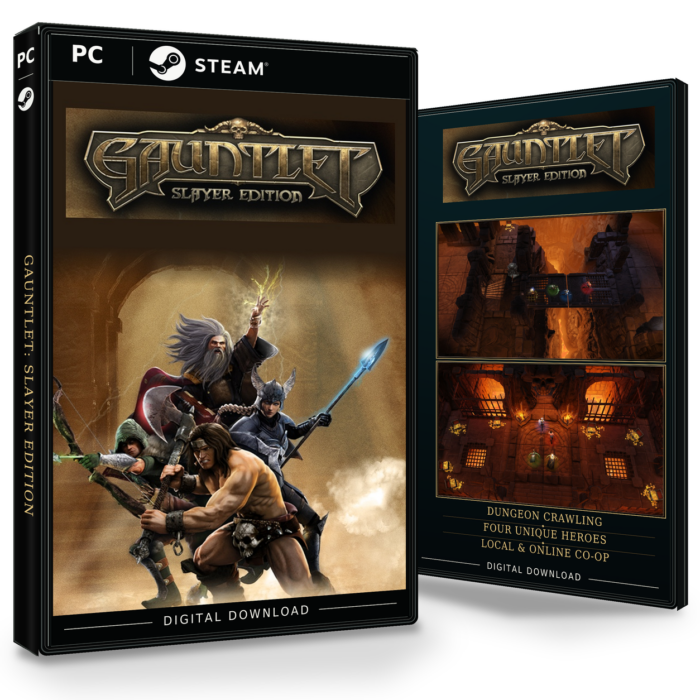 Forside og bakside av Gauntlet: Slayer Edition Steam, med to skjermbilder fra spillet.
