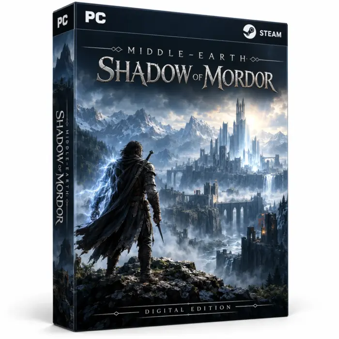 Produktillustrasjon for Middle-earth: Shadow of Mordor på Steam med en kriger foran en tåkete festning og snødekte fjell