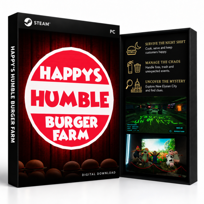 Happy's Humble Burger Farm Steam – digital spillutgave vist med forside og bakside