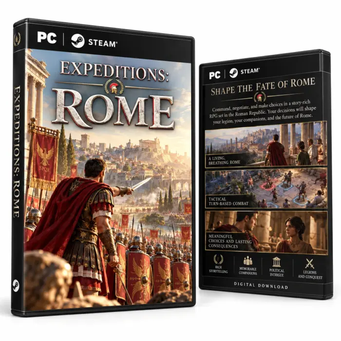 Produktillustrasjon for Expeditions: Rome på Steam med en romersk hærfører, legionærer og en by