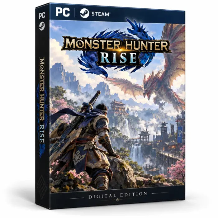 Produktillustrasjon for Monster Hunter Rise på Steam med en jeger og et flygende monster over en fjellandsby