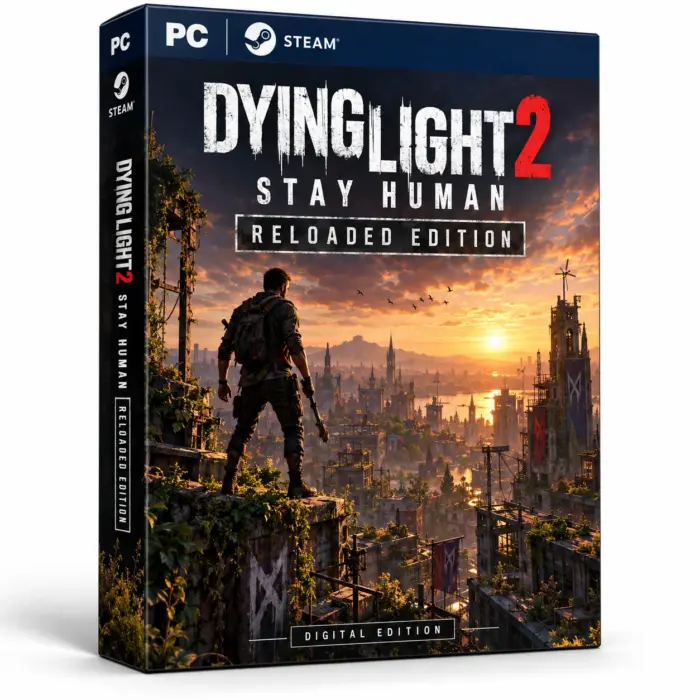 Produktillustrasjon for Dying Light 2 Stay Human: Reloaded Edition på Steam med en overlever på et tak over byen