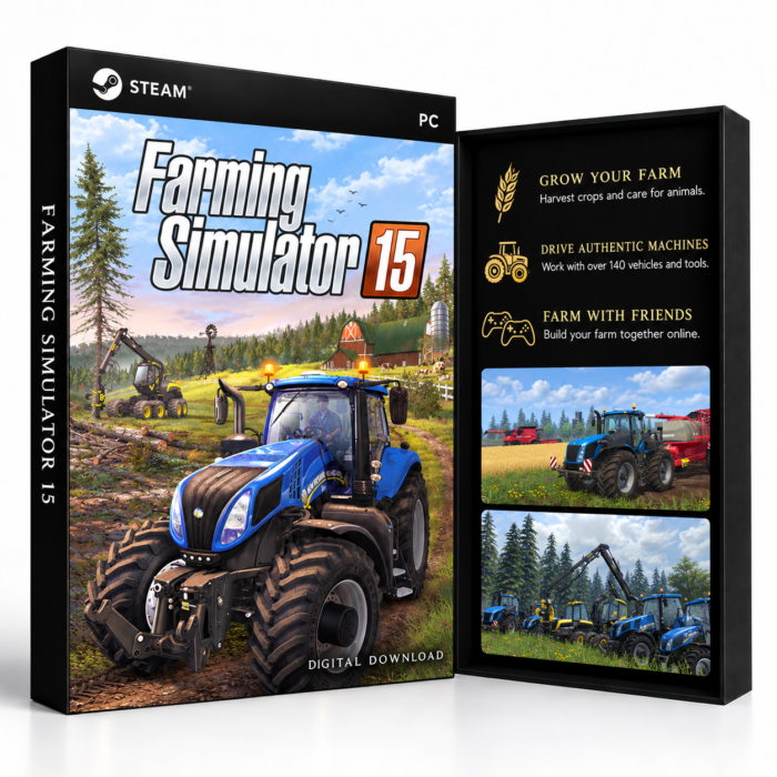 Farming Simulator 15 Steam – digital spillutgave vist med forside og bakside