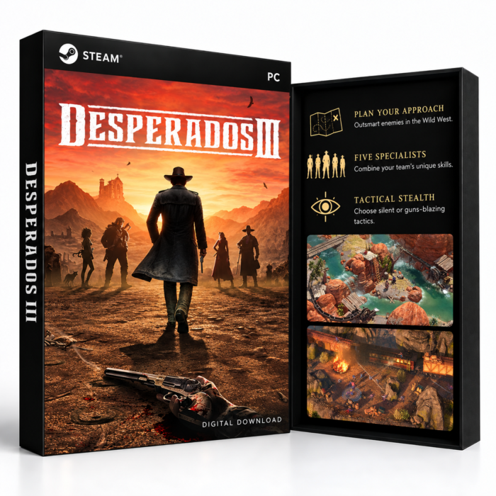 Desperados III Steam EU – digital spillutgave vist med forside og bakside