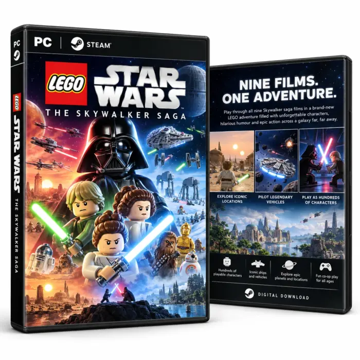 Produktillustrasjon for LEGO Star Wars: The Skywalker Saga på Steam med LEGO-figurer og romskip