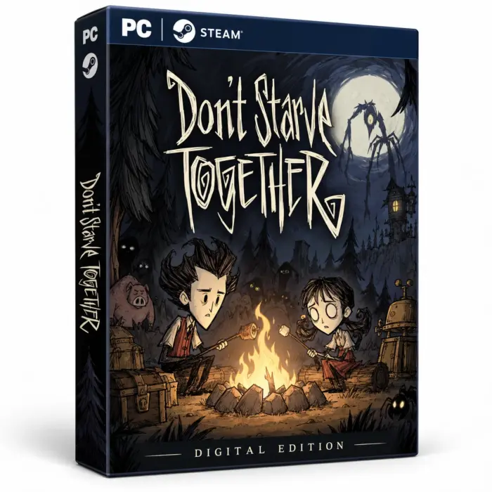 Produktillustrasjon for Don't Starve Together på Steam med to figurer ved et bål i en mørk skog