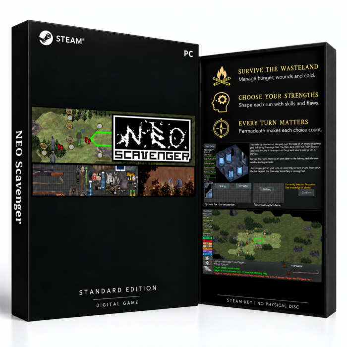 NEO Scavenger Steam – digital spillutgave vist med forside og bakside