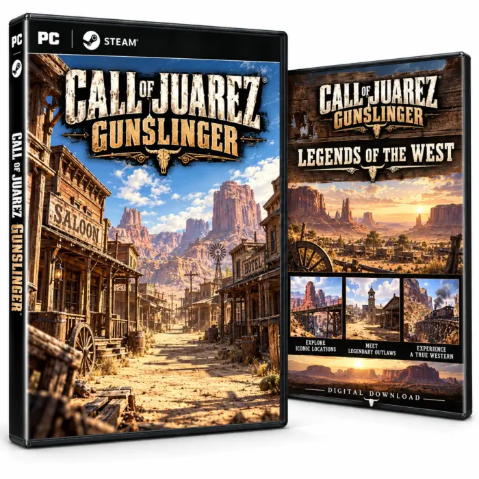 Illustrasjon av for- og baksideomslag for Call of Juarez Gunslinger til PC og Steam, med en westernby og ørkenlandskap.