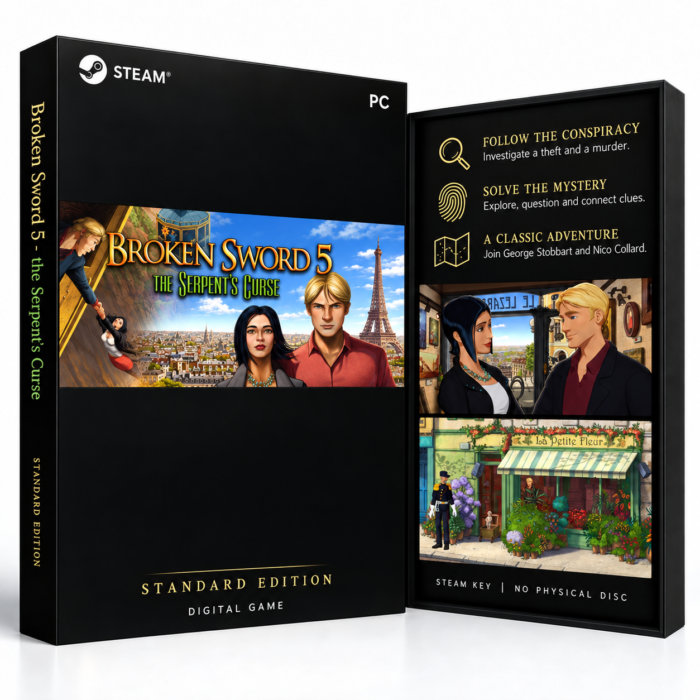 Broken Sword 5 - the Serpent's Curse Steam – digital spillutgave vist med forside og bakside