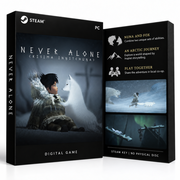Never Alone (Kisima Ingitchuna) – Steam – digital spillutgave vist med forside og bakside