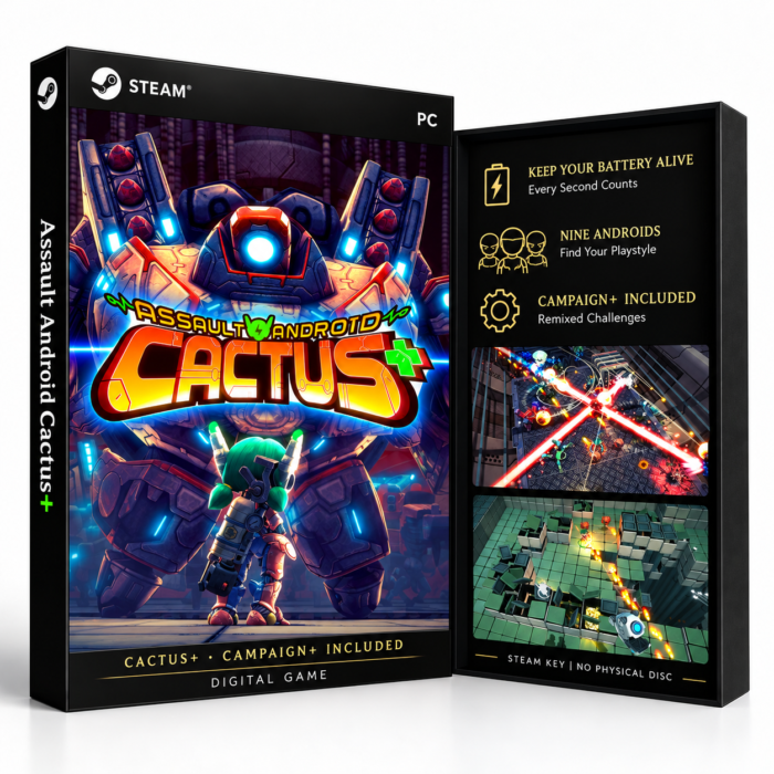 Assault Android Cactus+ Steam – digital spillutgave vist med forside og bakside