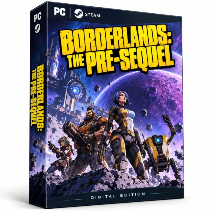 Produktillustrasjon for Borderlands: The Pre-Sequel på Steam med bevæpnede figurer og en gul robot på en måne