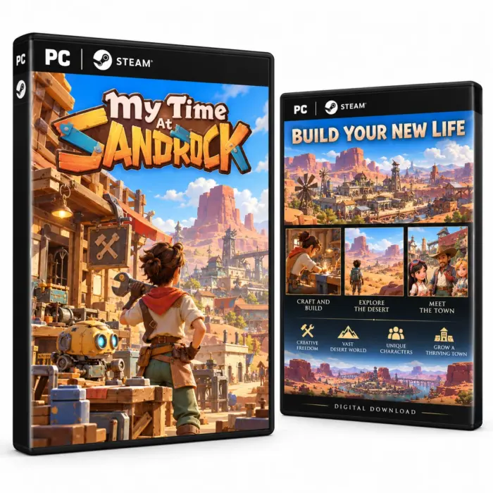 Produktillustrasjon for My Time at Sandrock på Steam med et verksted og en ørkenby