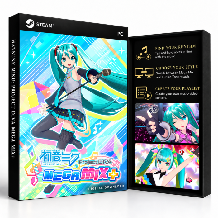 Hatsune Miku: Project DIVA Mega Mix+ Steam – digital spillutgave vist med forside og bakside