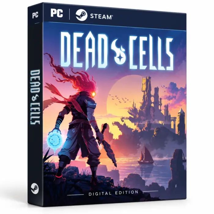 Produktillustrasjon for Dead Cells på Steam med en kriger med flammende hode foran borgruiner og en båt i solnedgangen