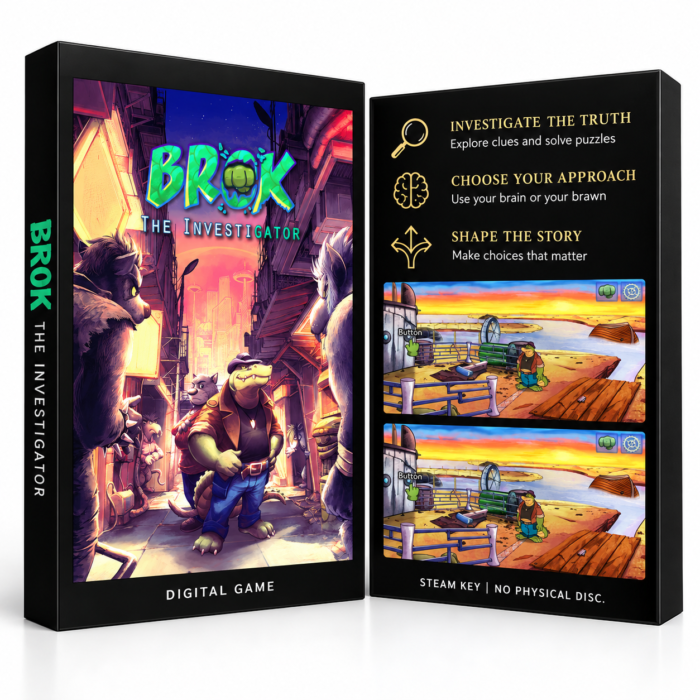 BROK the InvestiGator Steam – digital spillutgave vist med forside og bakside