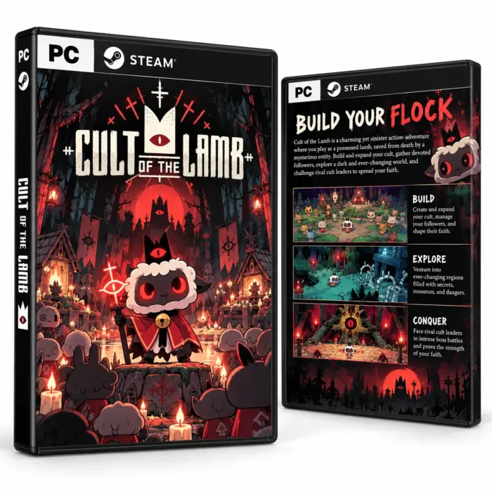 Produktillustrasjon for Cult of the Lamb på Steam med et kronet lam og en flokk rundt lys