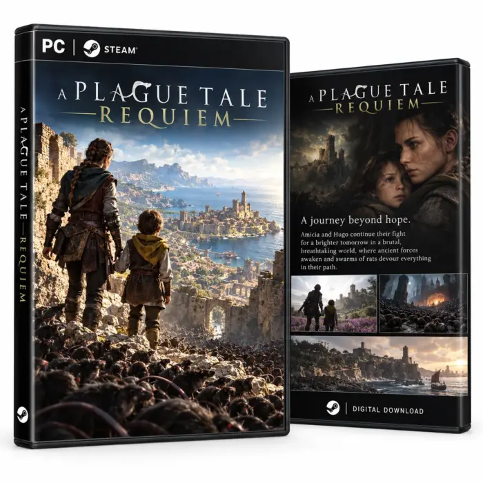 Produktillustrasjon for A Plague Tale: Requiem på Steam med Amicia og Hugo over en kystby og rotter i forgrunnen