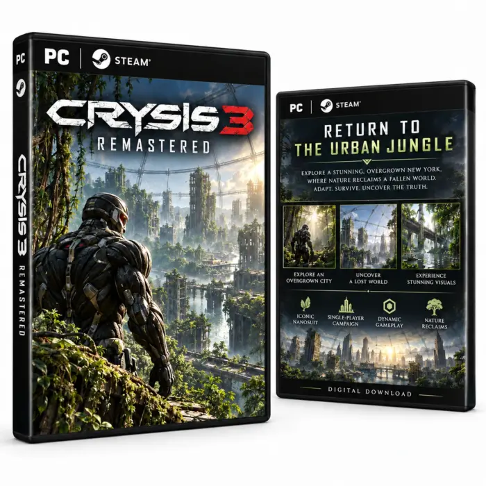 Produktillustrasjon for Crysis 3 Remastered på Steam med en soldat i nanodrakt og en overgrodd by