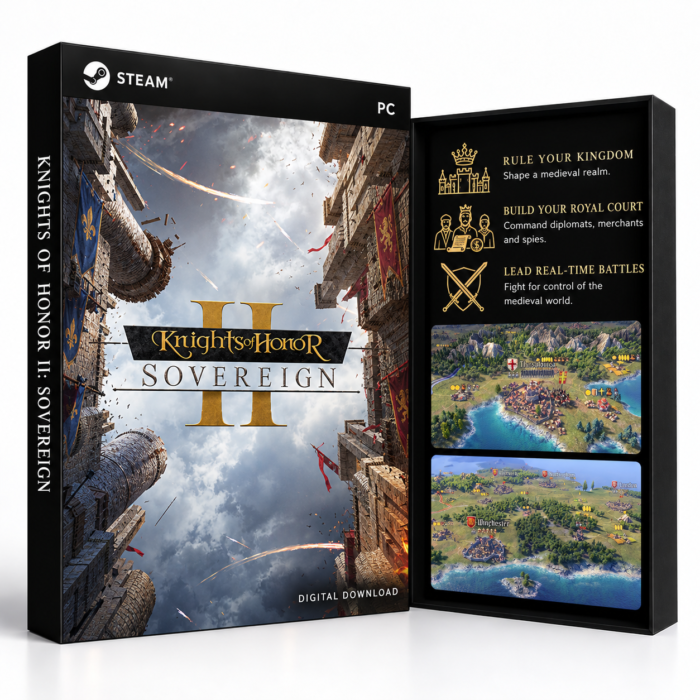 Knights of Honor II: Sovereign Steam – digital spillutgave vist med forside og bakside