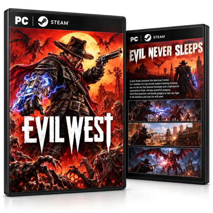 Produktillustrasjon for Evil West på Steam med en revolvermann, en elektrisk hanske og monstre