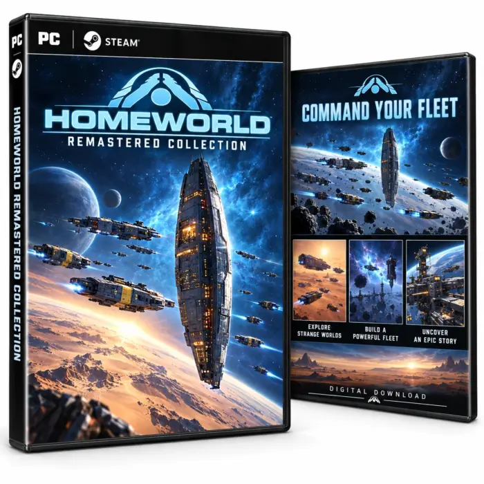 Illustrasjon av for- og baksideomslag for Homeworld Remastered Collection til PC og Steam, med en romflåte over en planet.