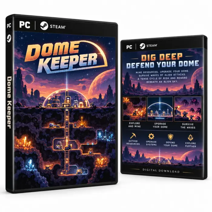 Produktillustrasjon for Dome Keeper på Steam med beskyttelseskuppel og underjordiske gruveganger