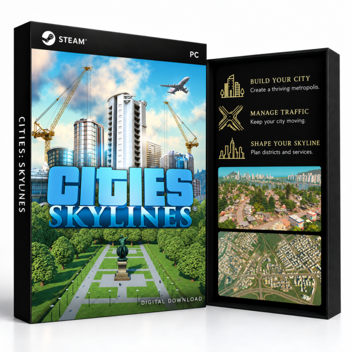 Cities: Skylines Steam – digital spillutgave vist med forside og bakside