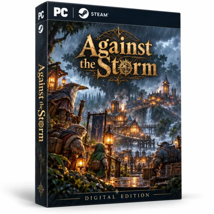 Produktillustrasjon for Against the Storm på Steam med dyrelignende reisende og en opplyst treby i regnskogen