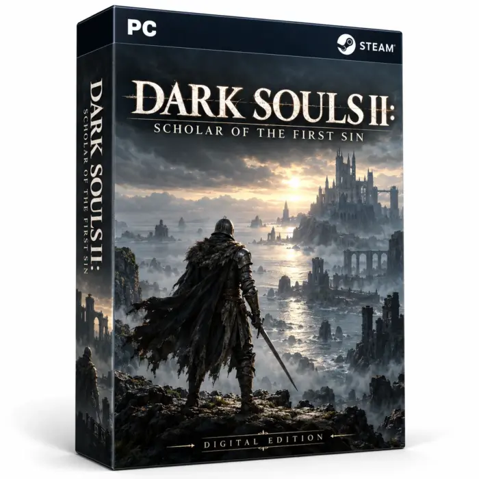Produktillustrasjon for Dark Souls II: Scholar of the First Sin på Steam med en kriger foran et slott og ruiner ved en tåkete kyst