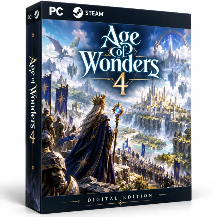 Produktillustrasjon for Age of Wonders 4 på Steam med en kronet skikkelse, en hær og et fantasirike med svevende øyer