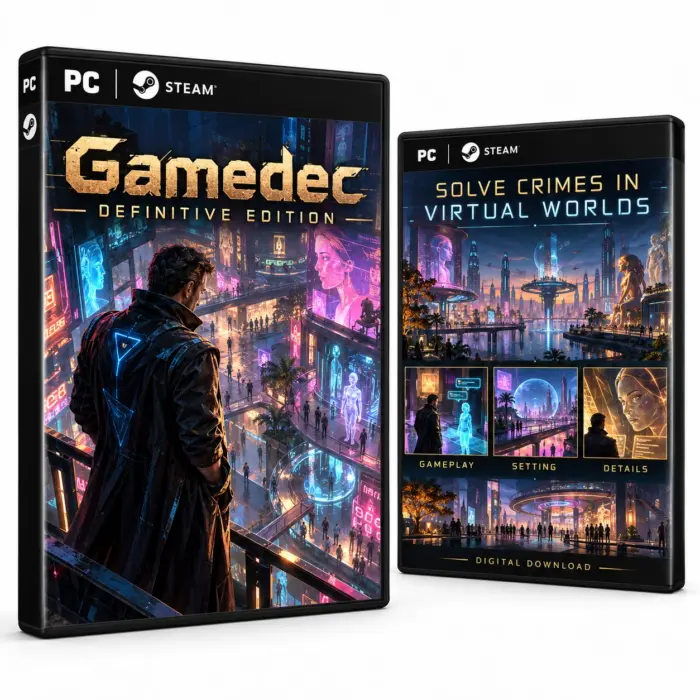 Omslag til Gamedec – Definitive Edition for Steam med en detektiv i en neonbelyst by