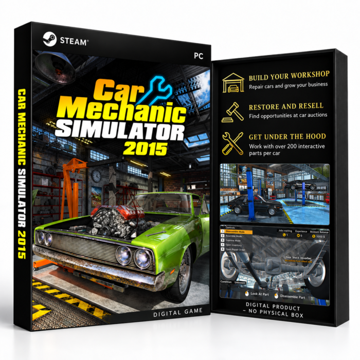 Car Mechanic Simulator 2015 PC (Steam) – digital spillutgave vist med forside og bakside
