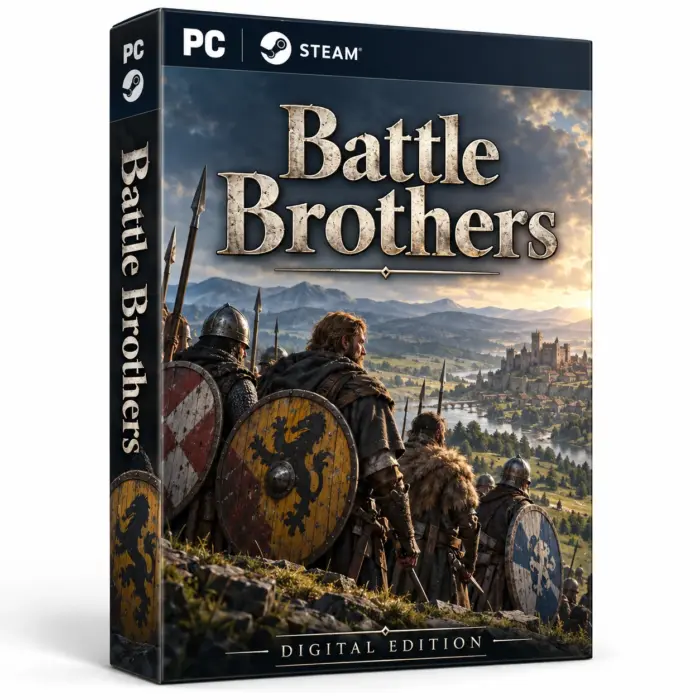 Produktillustrasjon for Battle Brothers på Steam med krigere med skjold og spyd foran en borg, en elv og fjell