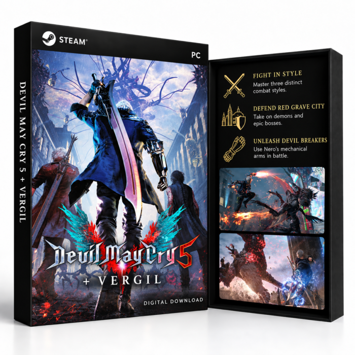 Devil May Cry 5 + Playable Character: Vergil Steam – digital spillutgave vist med forside og bakside
