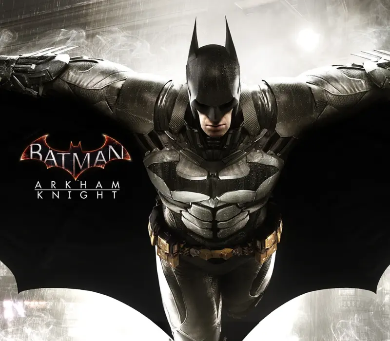 Produktbilde for Batman: Arkham Knight med Batman i rustning og utspent kappe i regnvær