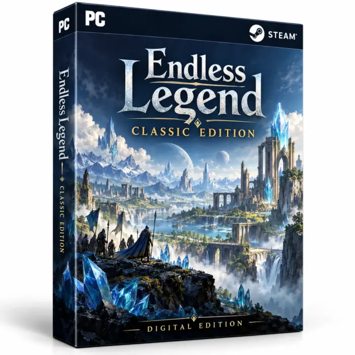 Produktillustrasjon for Endless Legend Classic Edition på Steam med blå krystaller og en fantasiby over fossefall