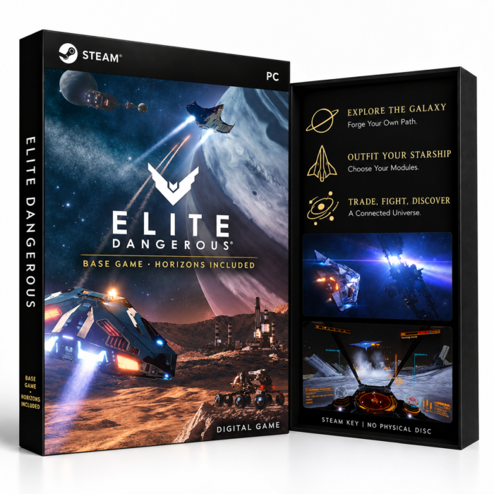 Elite Dangerous Steam – digital spillutgave vist med forside og bakside