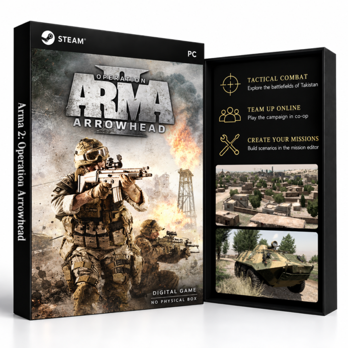 Arma 2: Operation Arrowhead Steam – digital spillutgave vist med forside og bakside