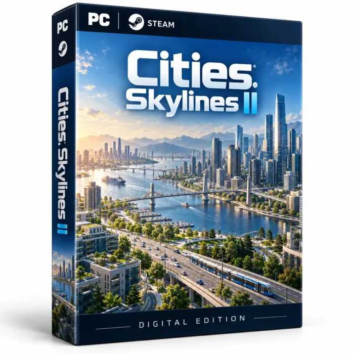Produktillustrasjon for Cities: Skylines II på Steam med en moderne by, broer og kollektivtransport ved vannet